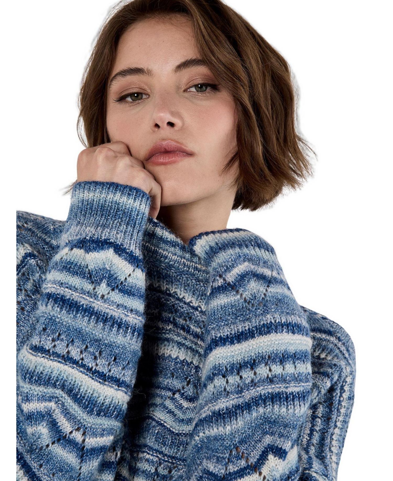 Women's Pointelle Space Dye Knit Long-Sleeve Crewneck Sweater