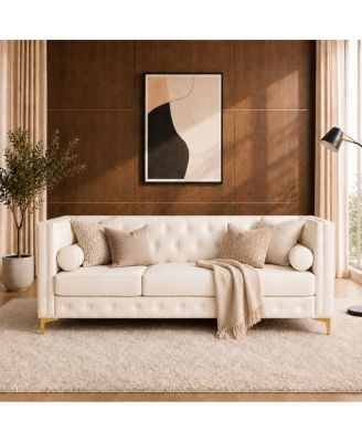 78.5" Cream Faux Leather 3-Seater Sofa with Legs and Pillows