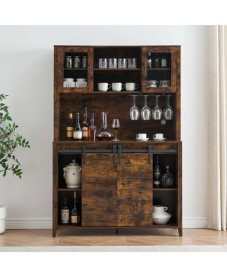 Farmhouse Bar Cabinet 70 Inch Engineered Wood Sliding Barn Door Buffet Storage with Wine Rack for Kitchen Dining Room