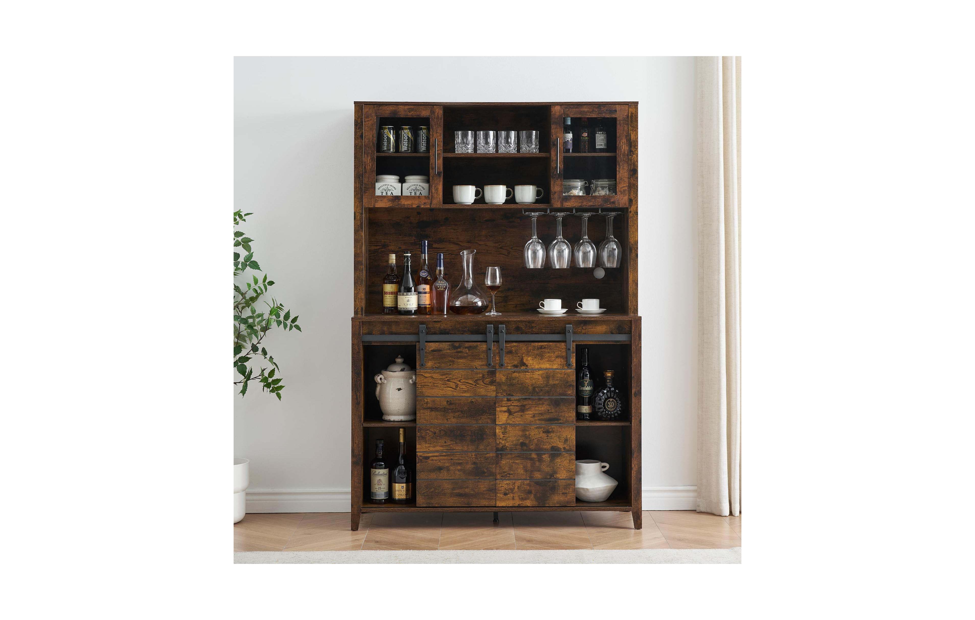 homfan Farmhouse Bar Cabinet 70 Inch Engineered Wood Sliding Barn Door Buffet Storage with Wine Rack for Kitchen Dining Room