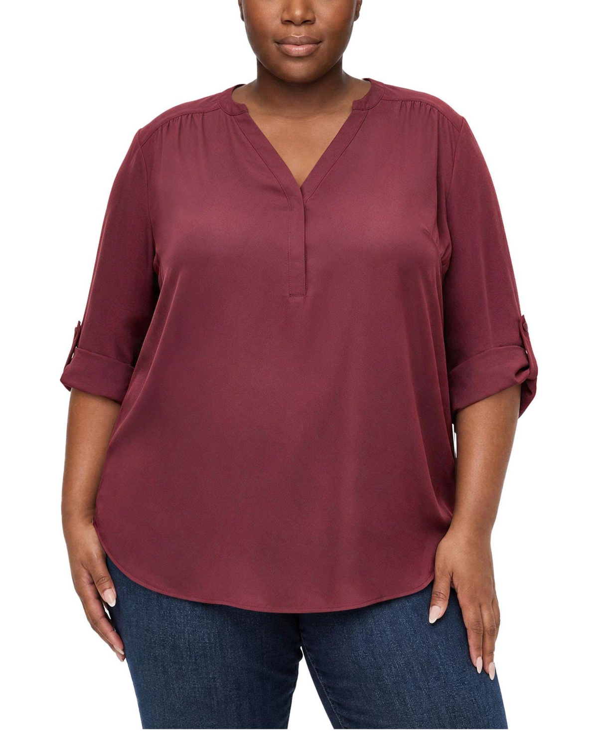 Torrid Plus Size Harper Floral 3/4 Roll-Tab Sleeve Blouse - Maroon banner