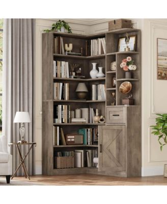 Corner Bookshelf 74 Inches  6-Tier L-Shaped Engineered Wood Display Shelf with Drawer Cabinet for Home Office