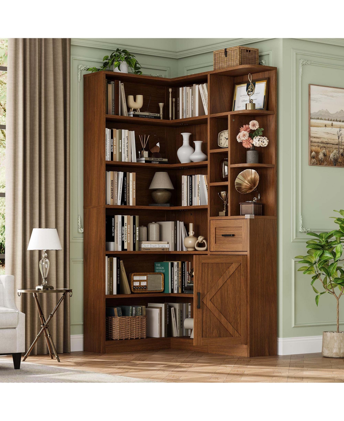homfan Corner Bookshelf 74 Inches 6-Tier L-Shaped Engineered Wood Display Shelf with Drawer Cabinet for Home Office