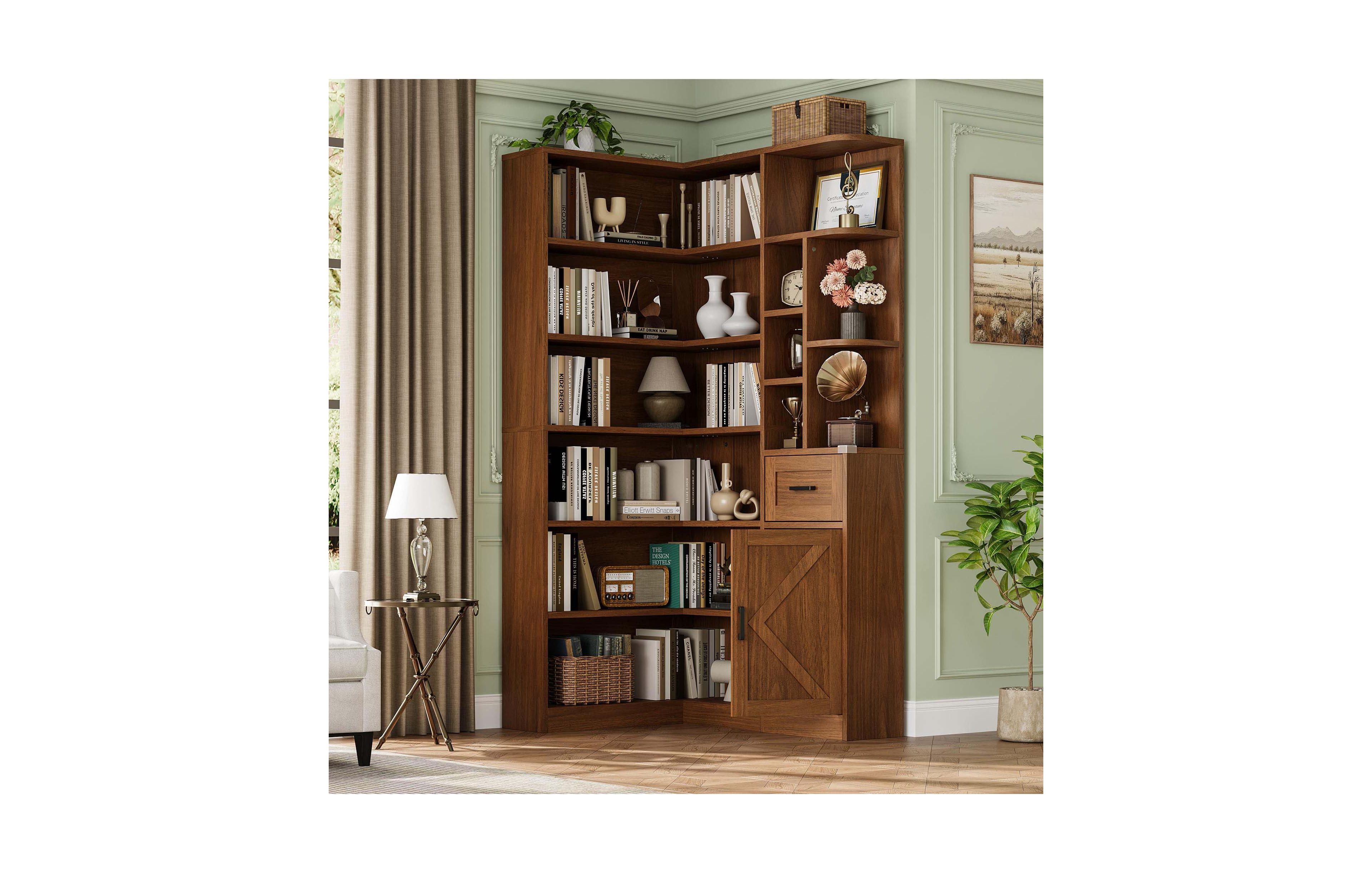 homfan Corner Bookshelf 74 Inches 6-Tier L-Shaped Engineered Wood Display Shelf with Drawer Cabinet for Home Office