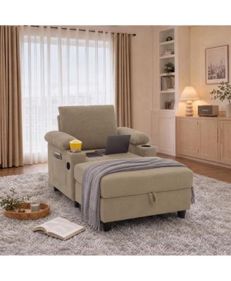 Accent Chair and Storage Ottoman Sleeper Bed with USB-C and Cupholders