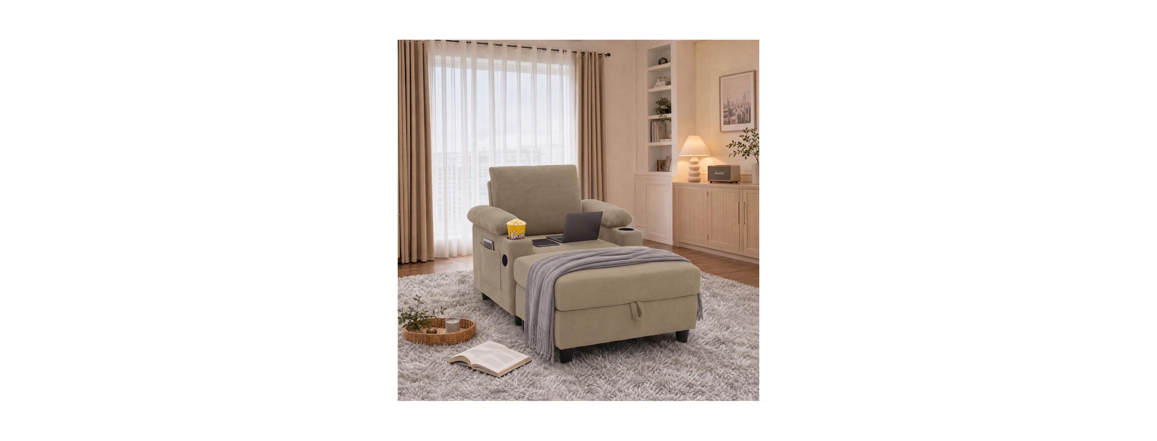 Streamdale Furniture Accent Chair and Storage Ottoman Sleeper Bed with Usb-c and Cupholders