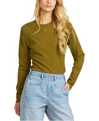 Women's Embroidered Ribbed-Knit Long-Sleeve T-Shirt