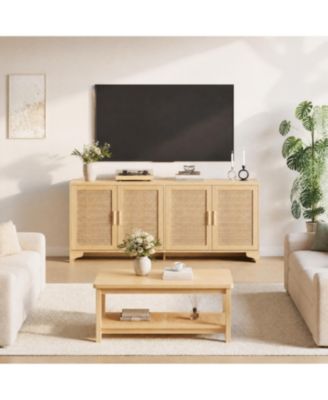 Boho Rattan 4-Door TV Stand for 70" TV + 2-Tier Coffee Table with Woven Cane Shelf - Mid-Century Living Room Storage Set