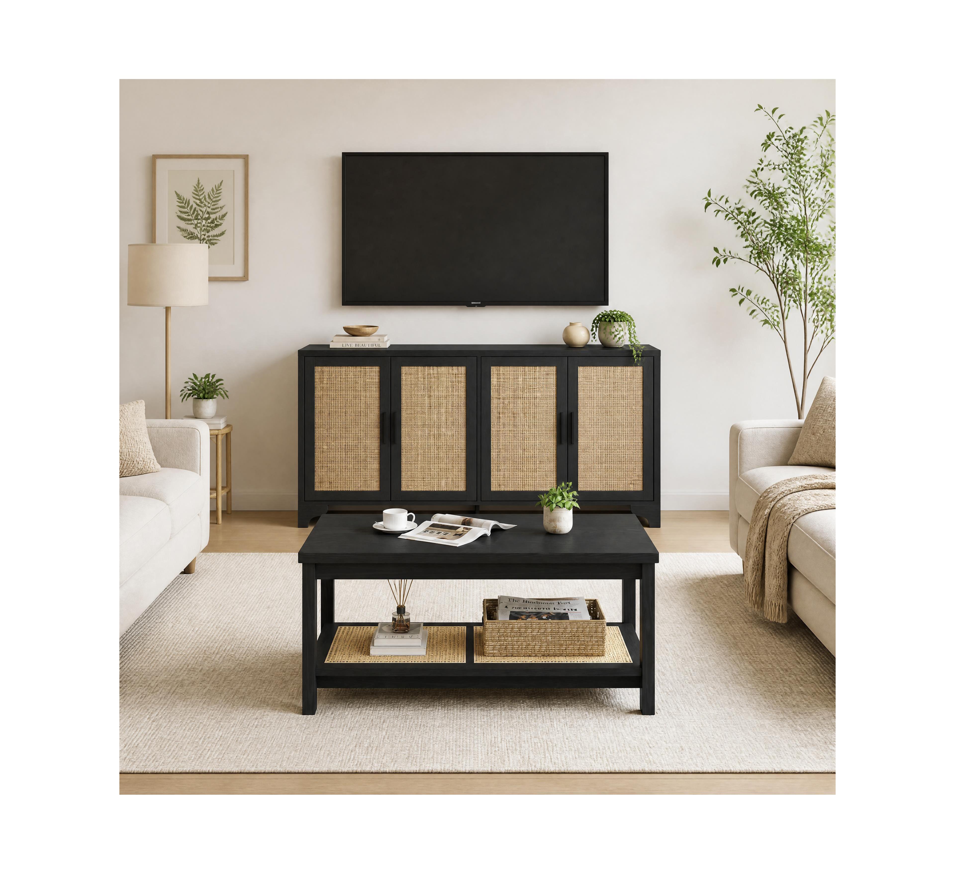 gaomon Boho Rattan 4-Door Tv Stand for 70" + 2-Tier Coffee Table with Woven Cane Shelf - Mid-Century Living Room Storage Set