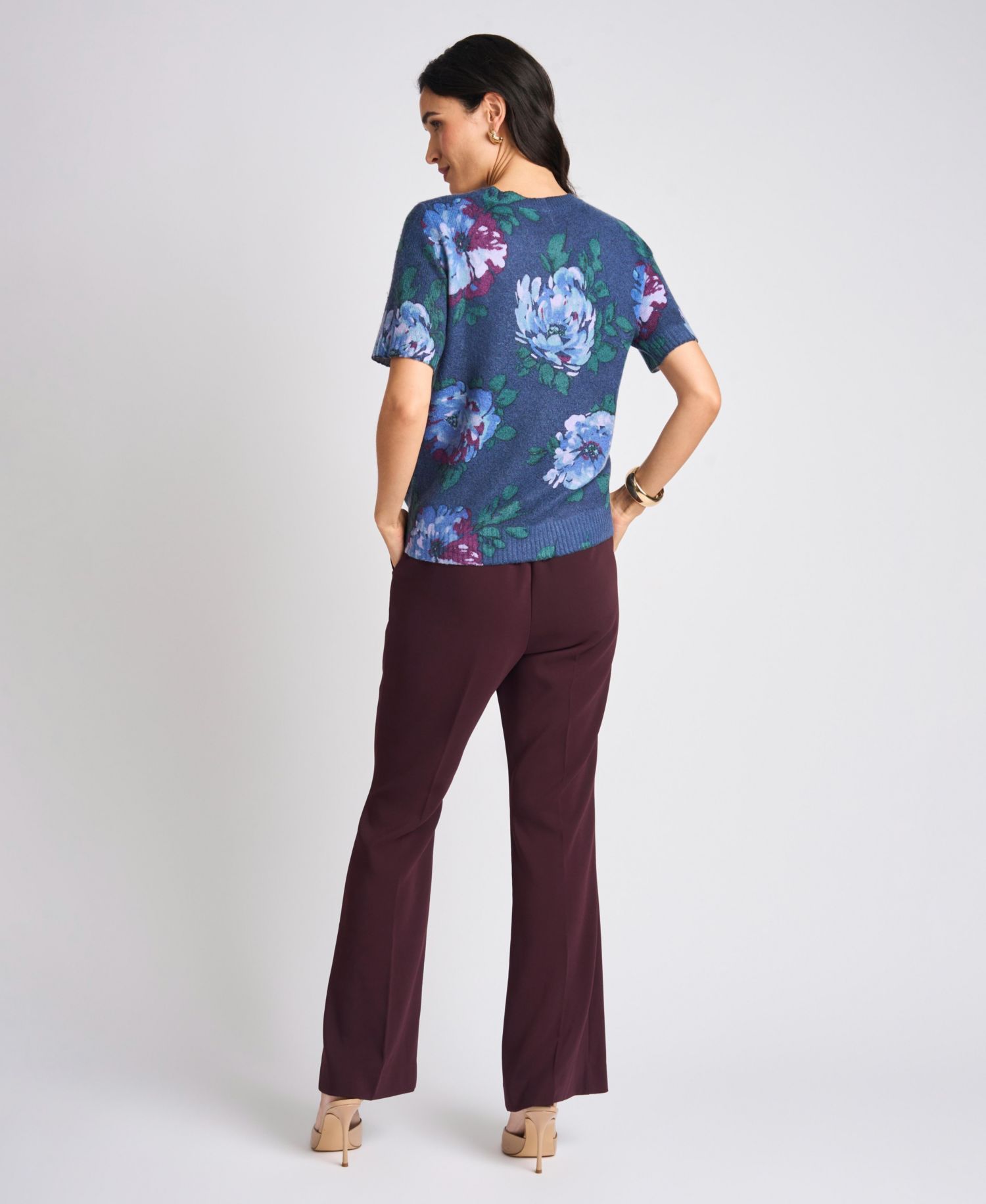 Women's Short-Sleeve Floral-Print Crewneck Sweater