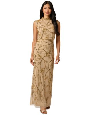 Petite Deco Floral Beaded Mock Neck Gown
