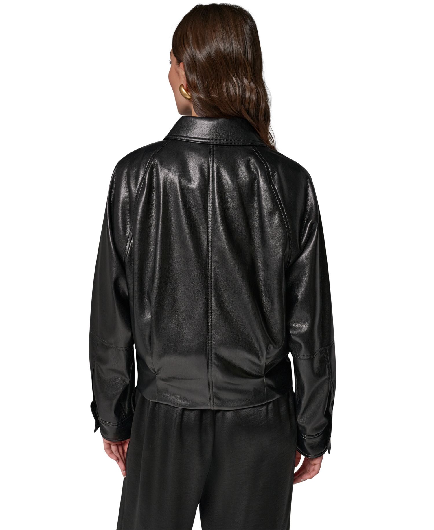 Women's Short Raglan Collared Faux Leather Jacket