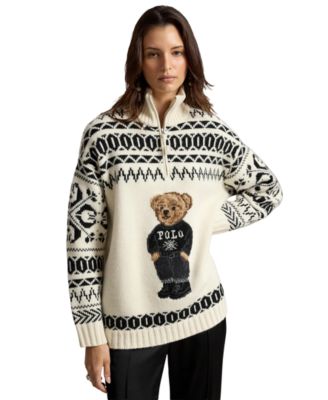 Women's Ski Polo Bear Fair Isle Mock Neck Quarter-Zip Sweater