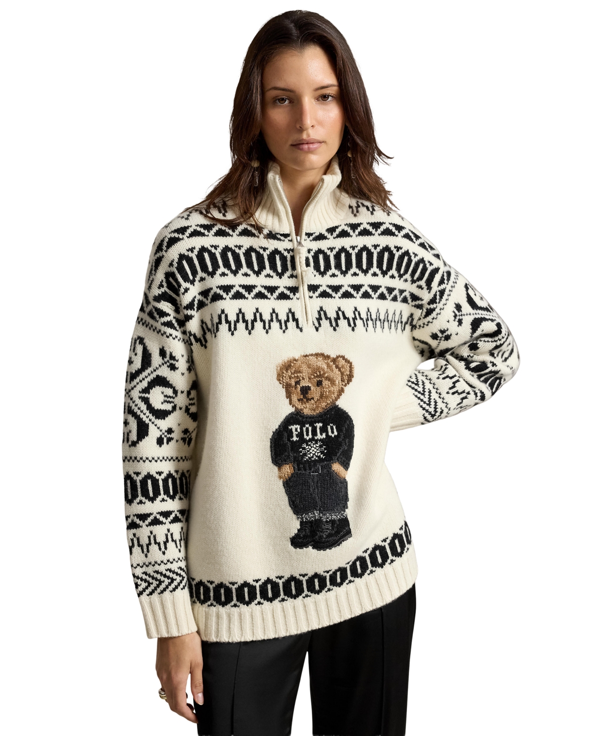 Polo Ralph Lauren Women's Ski Bear Fair Isle Mock Neck Quarter-Zip Sweater