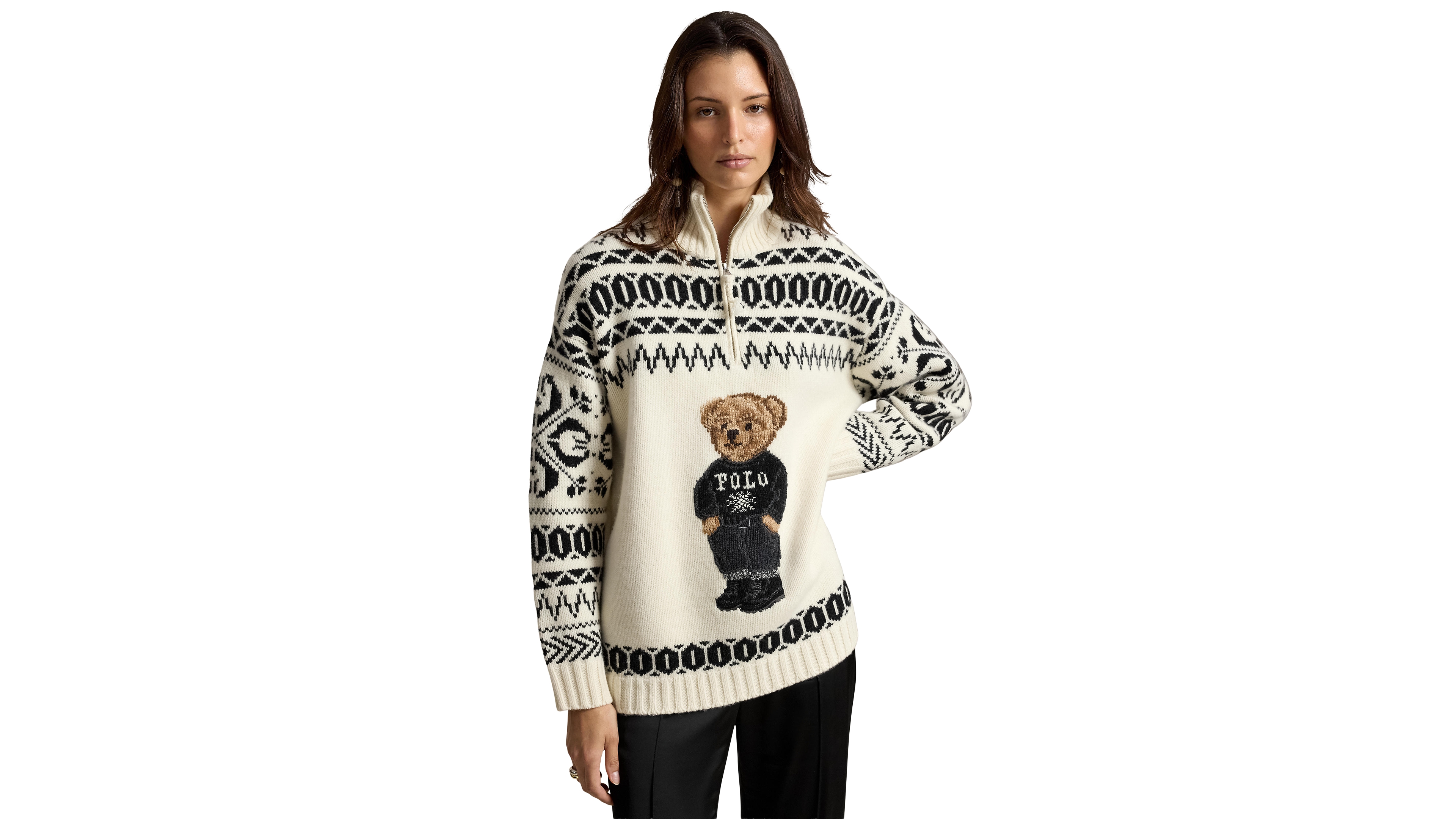 Polo Ralph Lauren Women's Ski Bear Fair Isle Mock Neck Quarter-Zip Sweater