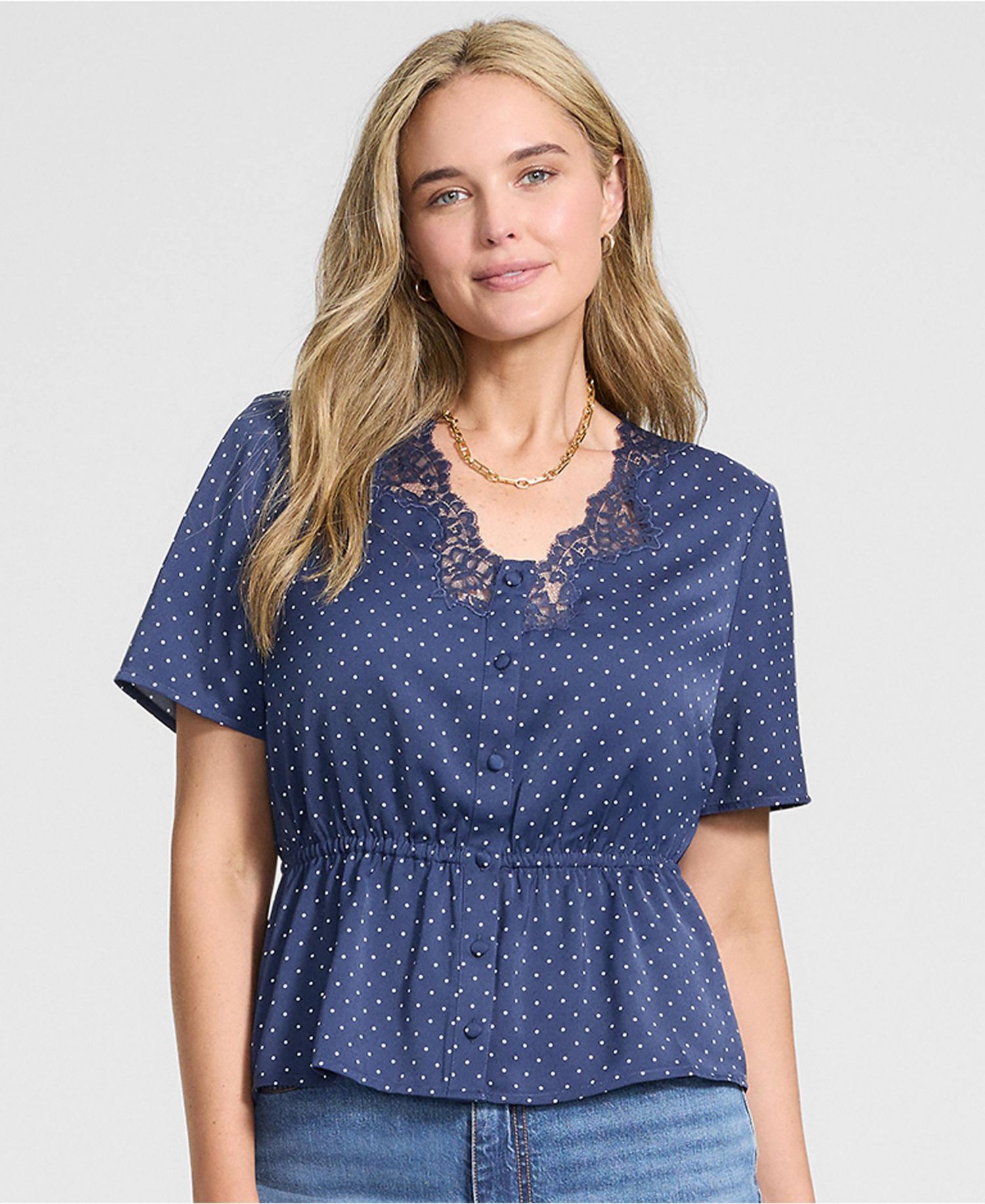 Women's Peplum Polka-Dot V-Neck Blouse