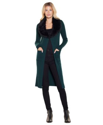 Women's Black Label Faux-Fur Collar Duster Cardigan Sweater