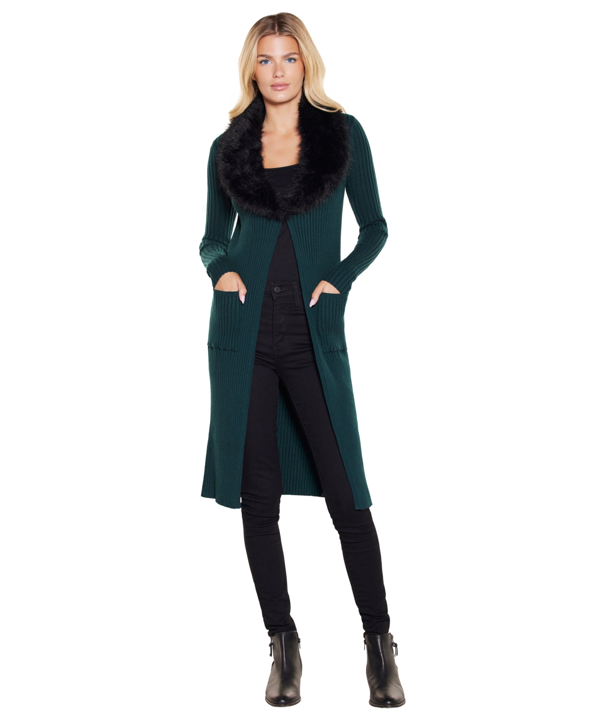Belldini Women's Black Label Faux-Fur Collar Duster Cardigan - Deep Emerald / Black