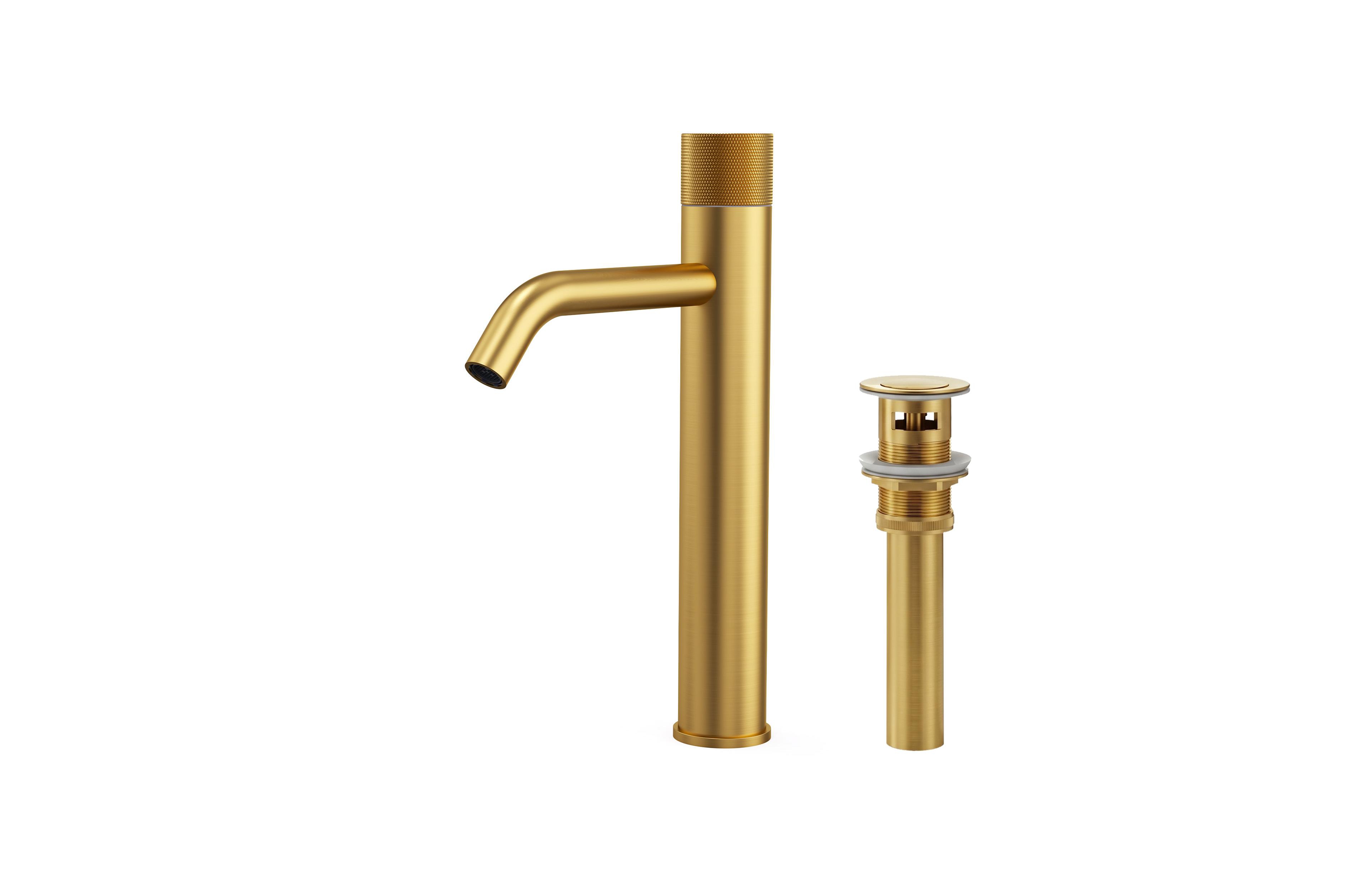 Everstein Single-Hole Bathroom Sink Faucet with Knob Handle High-Arc Spout Vessel Sinks Pop-Up Drain Solid Brass Brushed