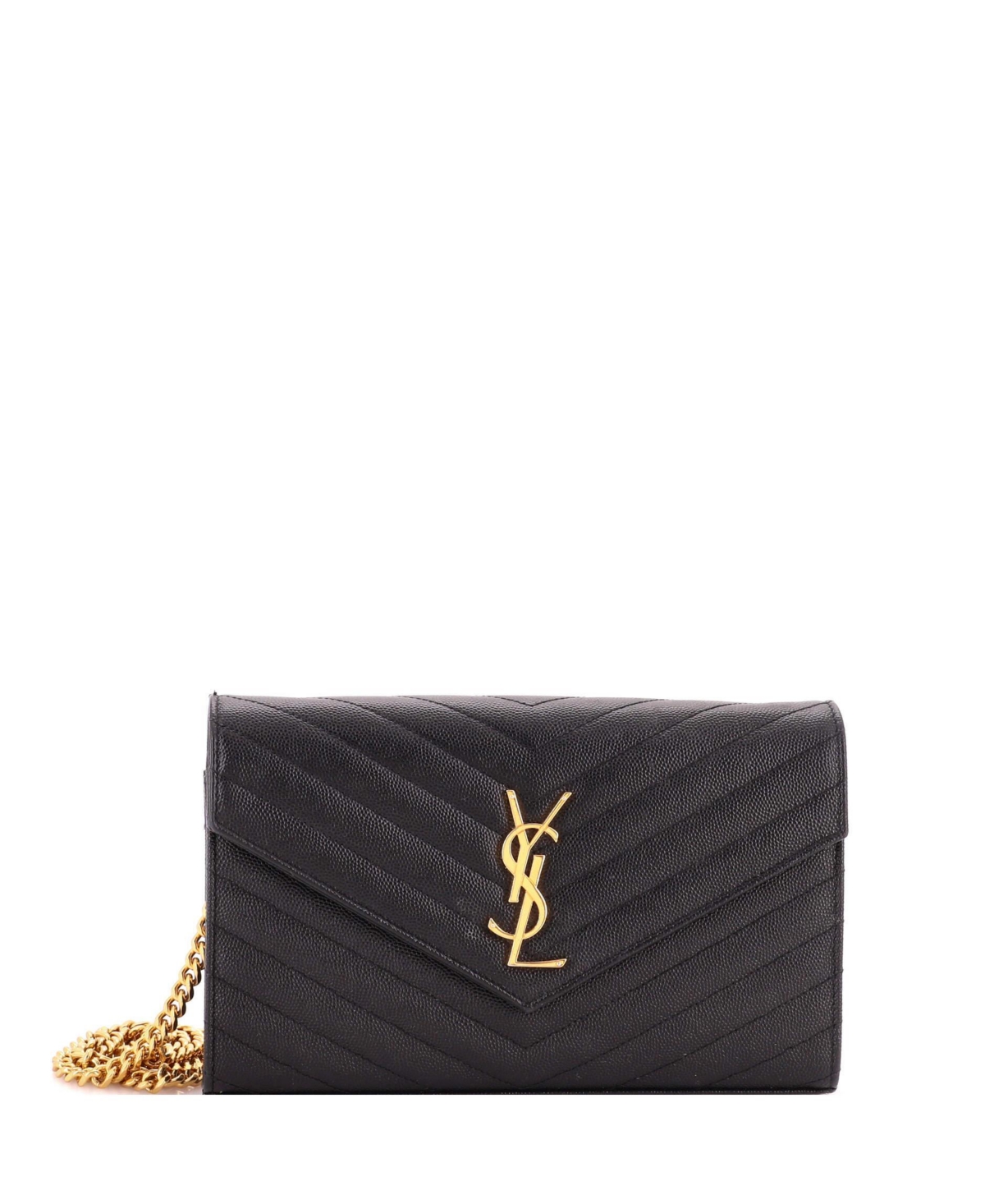 Pre-Owned Saint Laurent Classic Monogram Chevron Gold-Tone Wallet on Chain, 8.5"W x 6"H x 1.5"D - Black