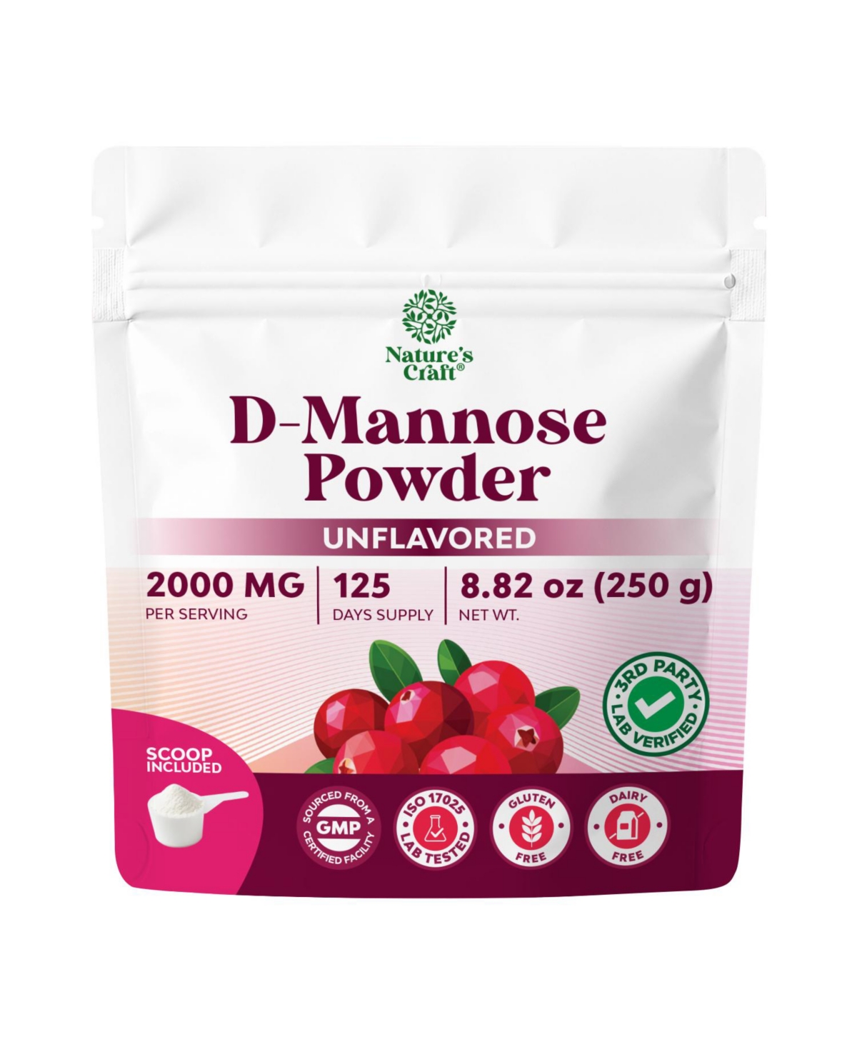Nature's Craft D-Mannose Powder, Unflavored, 2g Per Serving, 8.82 oz (250g)