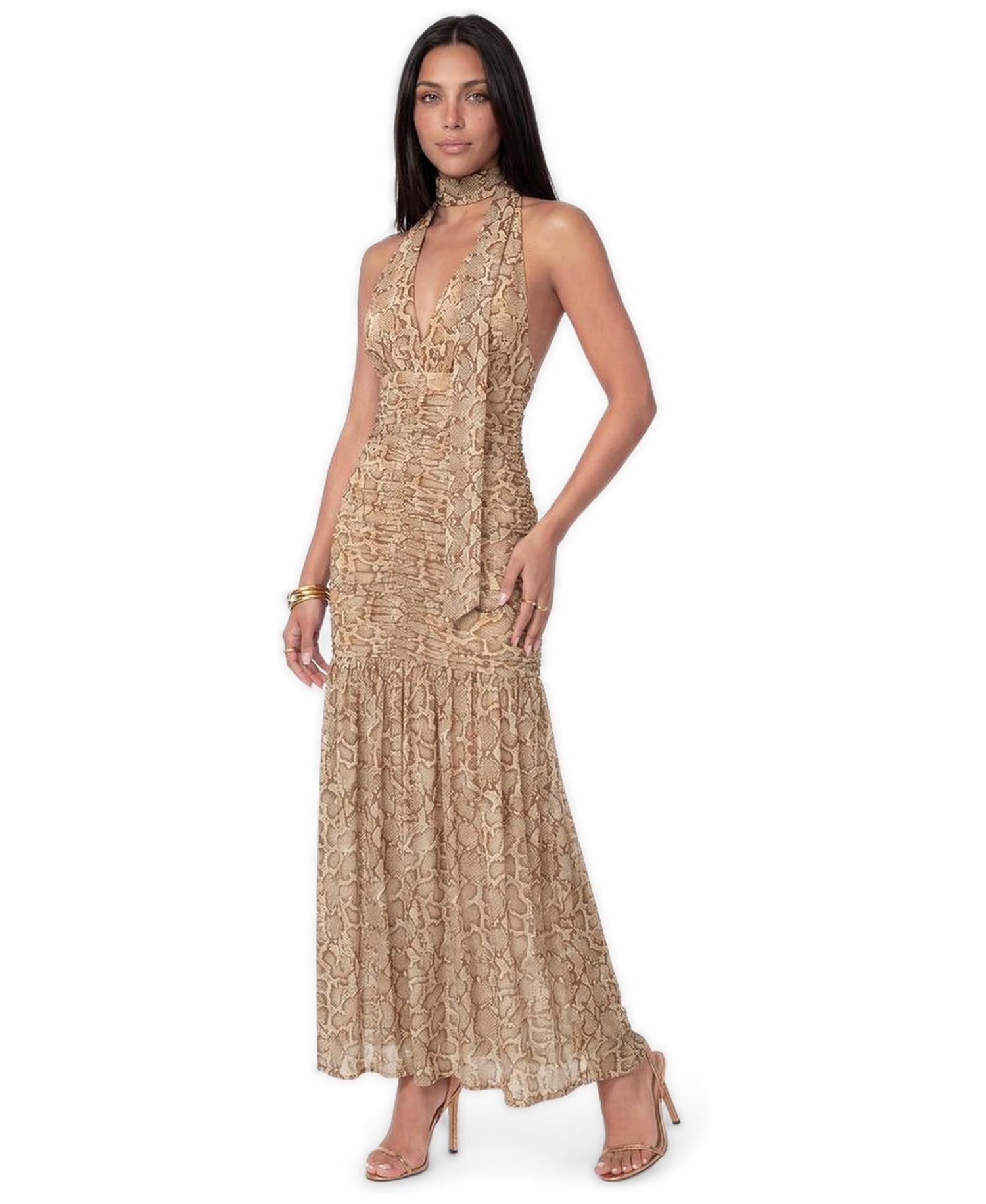 Women's Halter Ruched Snake-Print Maxi Dress