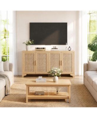 70" Boho Rattan 4-Door TV Stand and 2-Tier Coffee Table with Woven Shelf - Wooden Living Room Storage Set, Easy Assembly