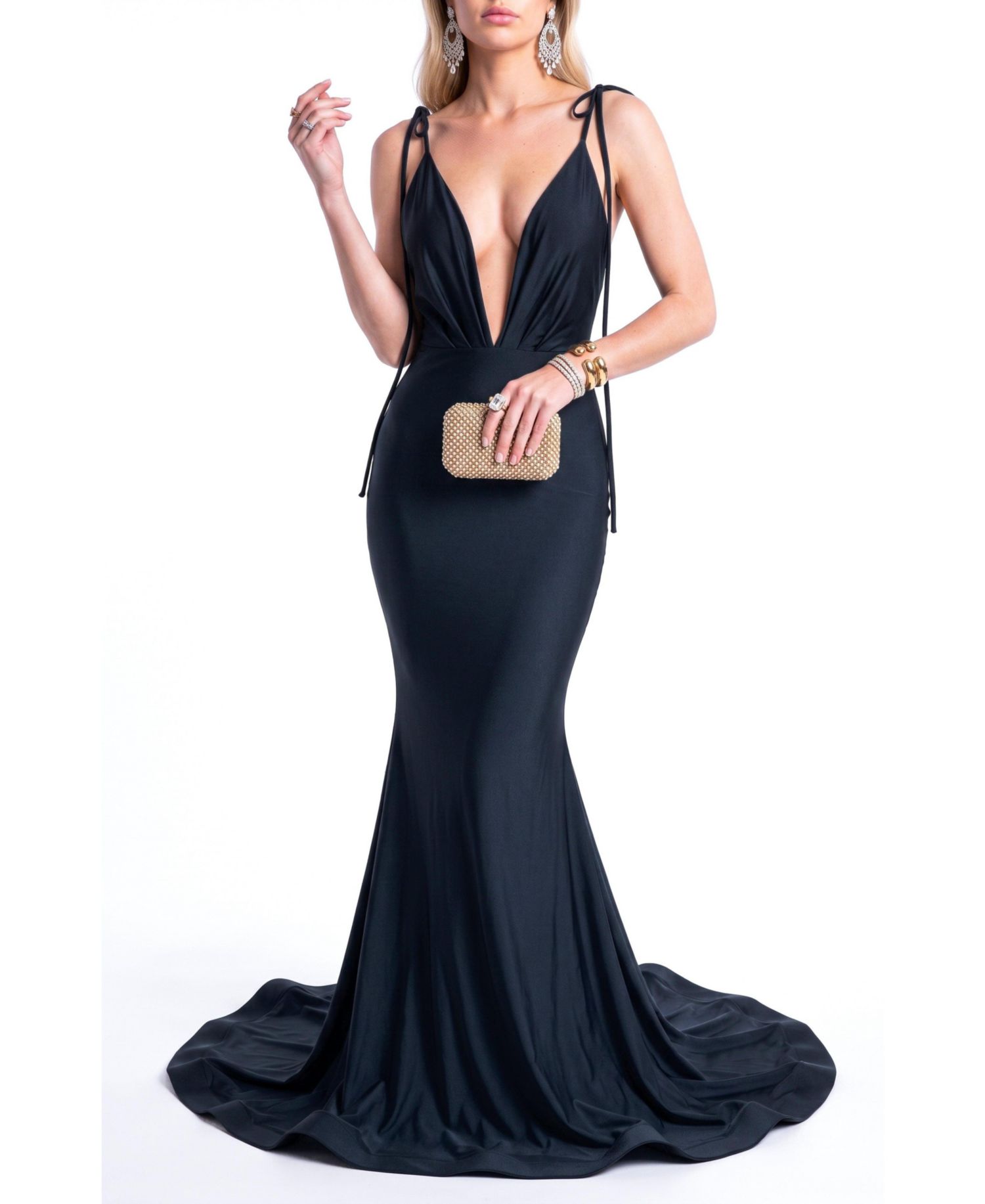 Women's Mermaid Plunging V-Neck Tie-Strap Gown