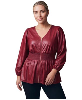 Plus Size Liquid Knit Zip-Front Smocked Waist Top