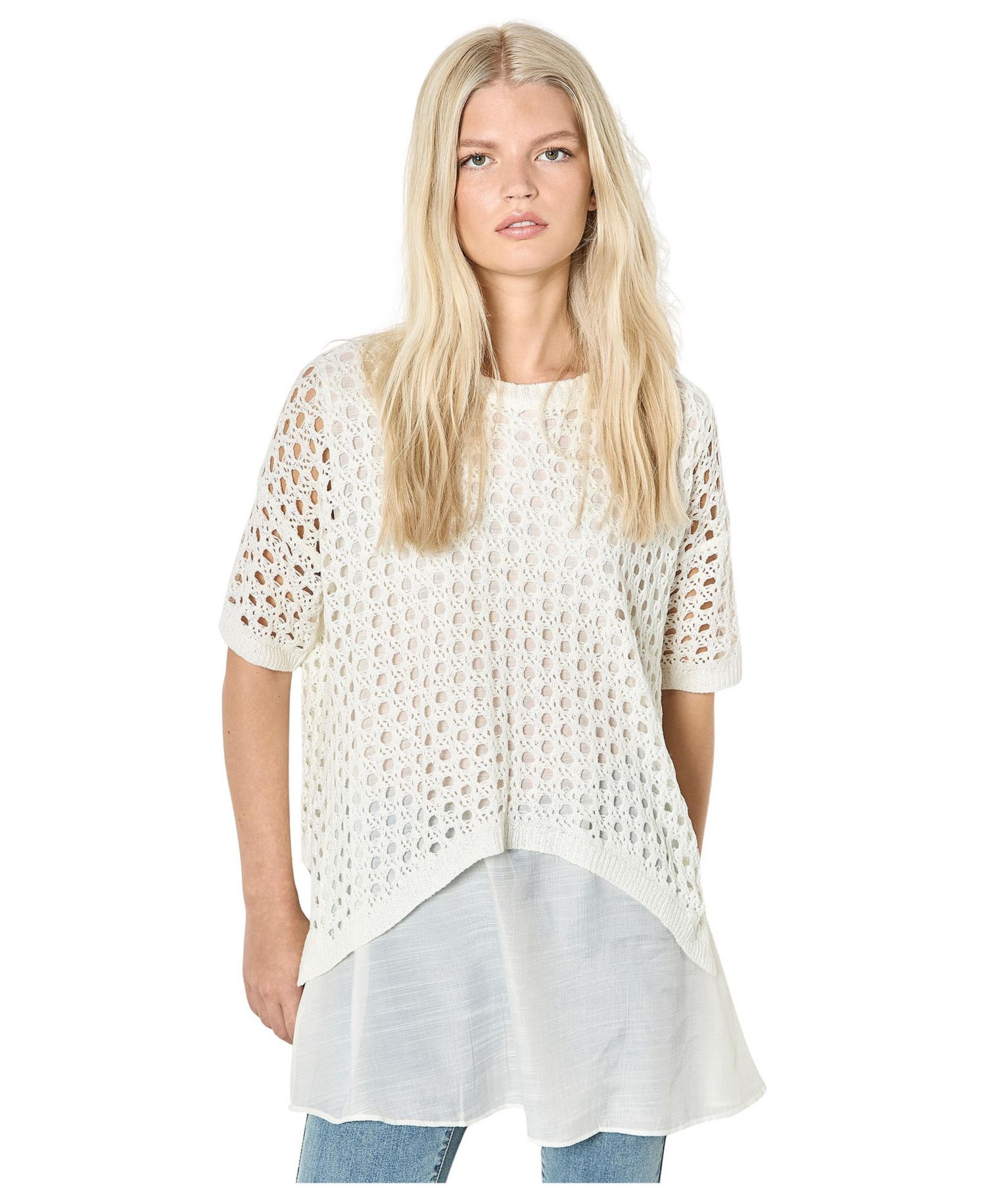 Women's Layered Knit Mesh Button-Down Tunic