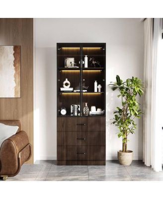 78.7 in. H Accent Cabinet with 3 Shelves and 3-Color LED Light, 2 Glass Doors, 3 Drawers, Glass Display Cabinet