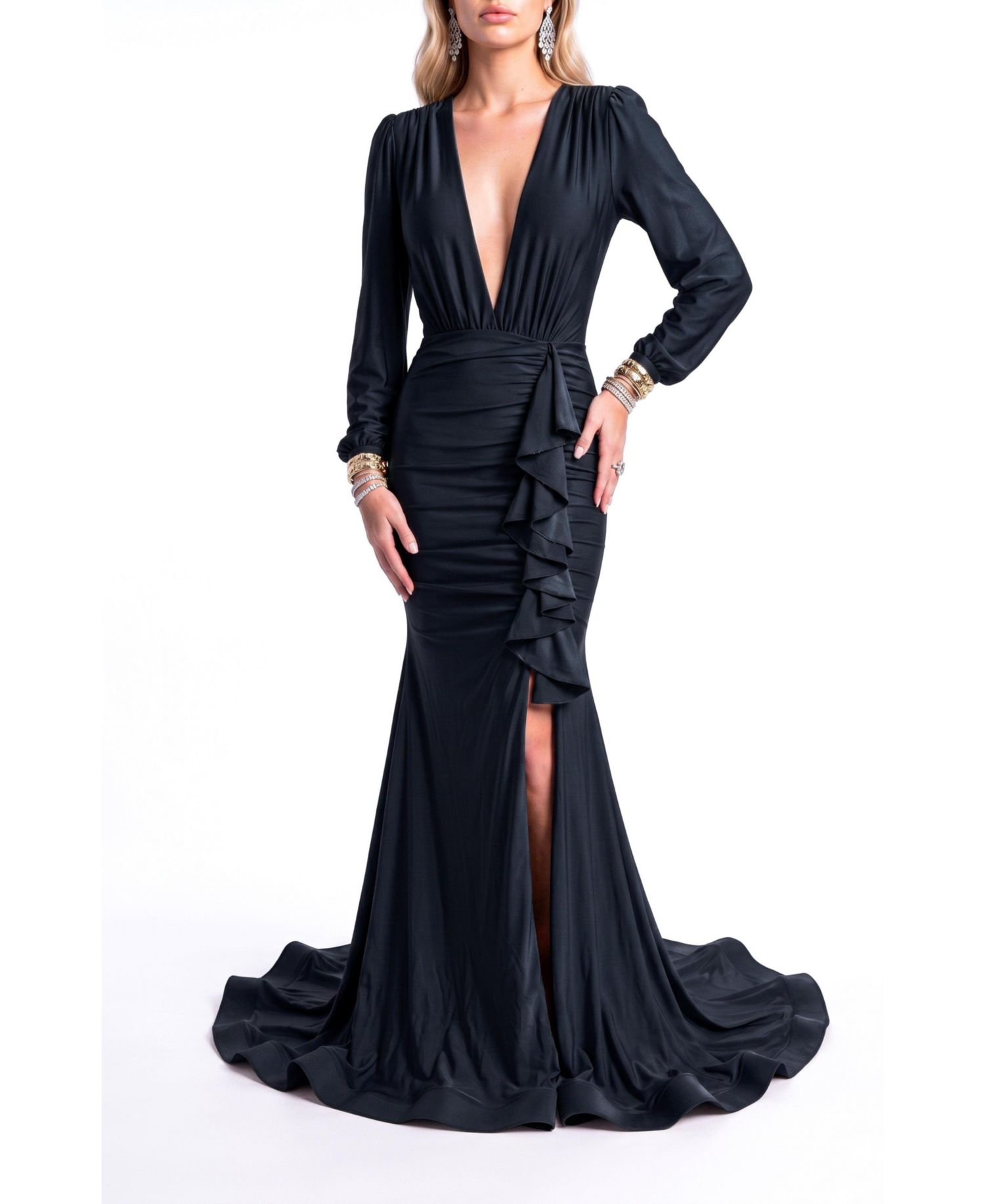 Women's Plunging V-Neck Long-Sleeve Mermaid Gown