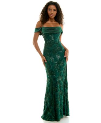 Juniors' Sequin Off-Shoulder Cowl Neck Corset Gown