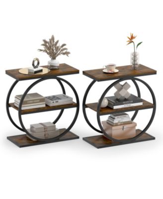 2Peice Faux Marble Side Table Metal Frame3-Tier Sofa End Table with Storage Shelf