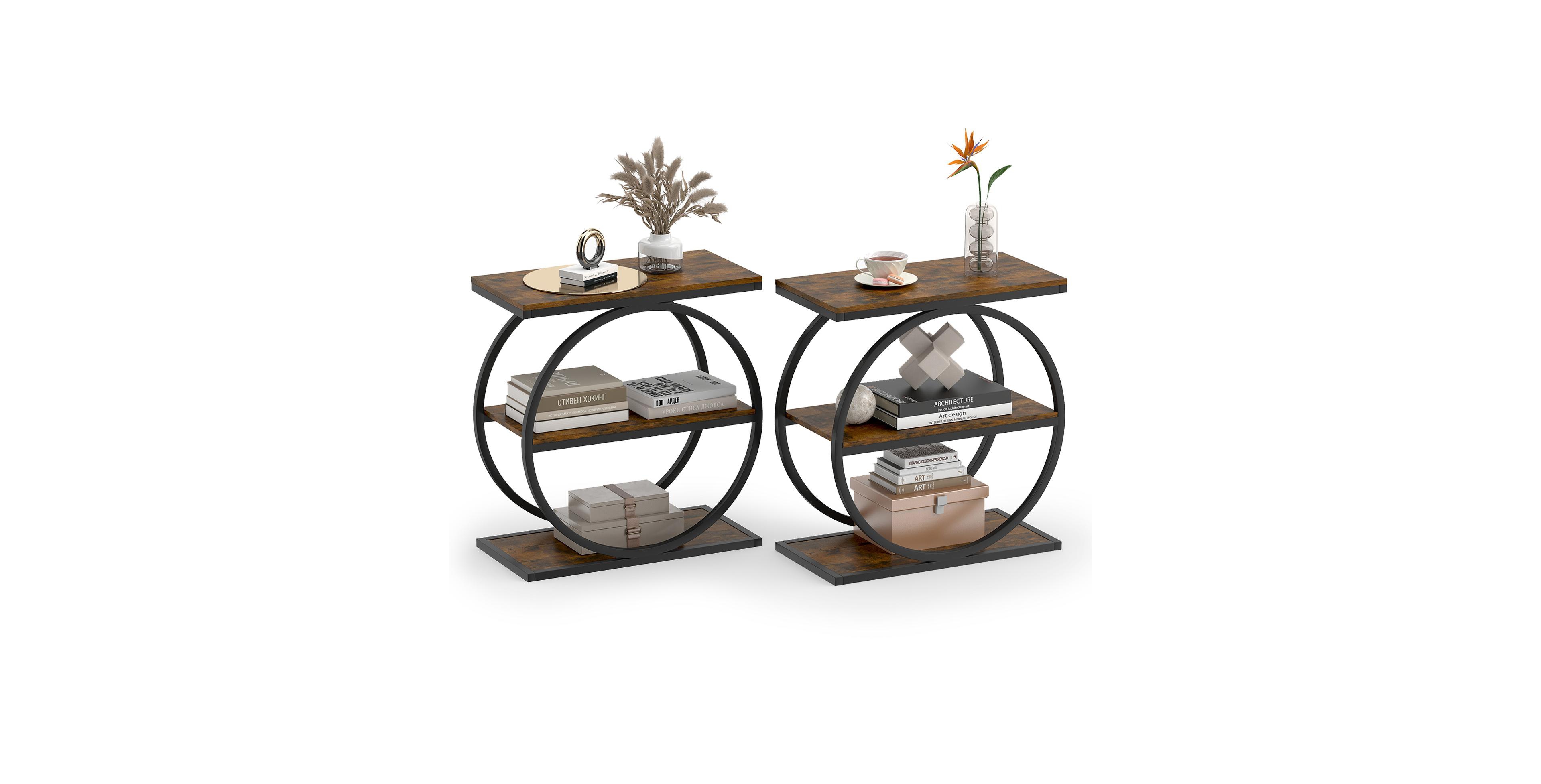 Gymax 2Peice Faux Marble Side Table Metal Frame3-Tier Sofa End Table with Storage Shelf