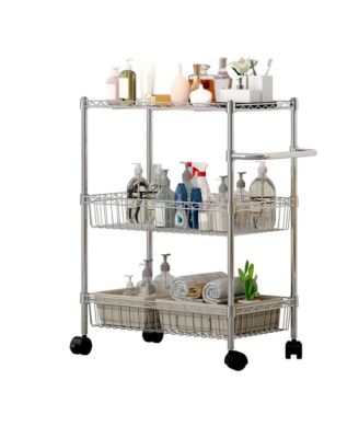 3 Tier Rolling Storage Cart, Metal Wire Kitchen Cart with Baskets and Handle, Utility Trolley on Wheels for Kitchen, Bathroom, Laundry