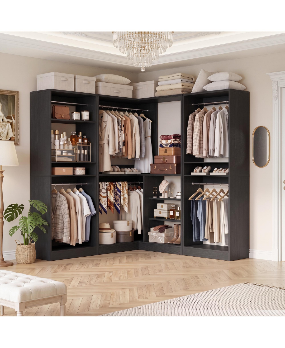 Aheaplus Corner Closet Organizer Set of 3 with 6 Hanging Rods and 8 Shelves - Black