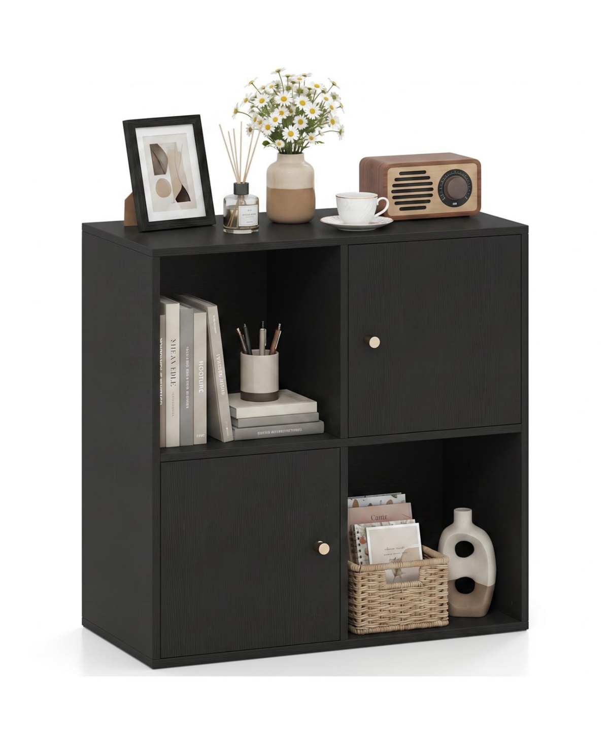 Mecale 4-Cube Bookcase 3-Tier Bookshelf with Dual Anti-Tipping Kits and 2 Cabinets - Black