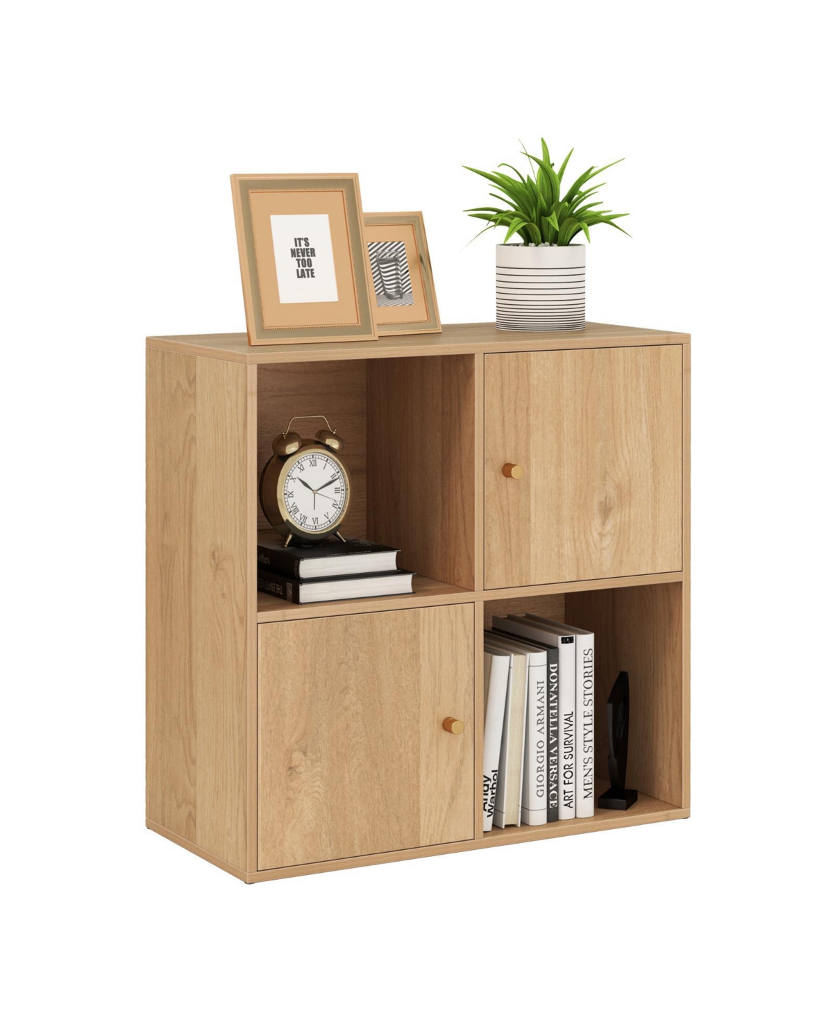 Mecale 4-Cube Bookcase 3-Tier Bookshelf with Dual Anti-Tipping Kits and 2 Cabinets - Natural