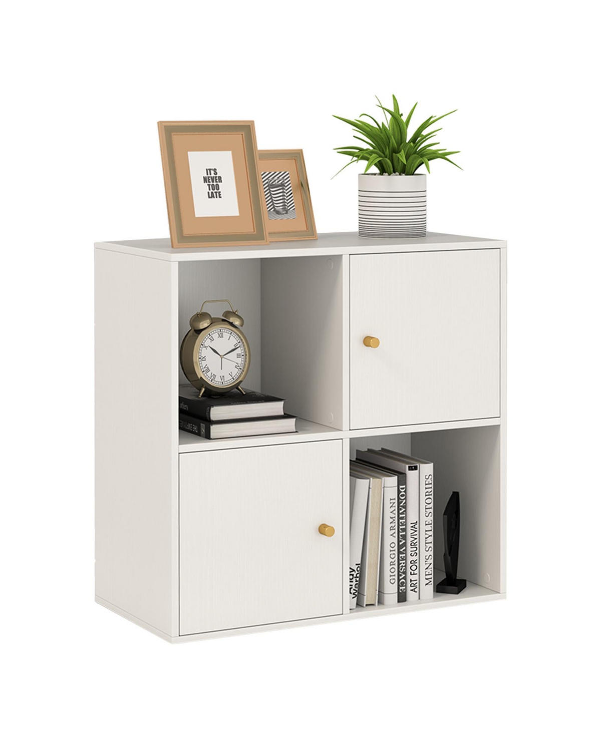 Mecale 4-Cube Bookcase 3-Tier Bookshelf with Dual Anti-Tipping Kits and 2 Cabinets - White
