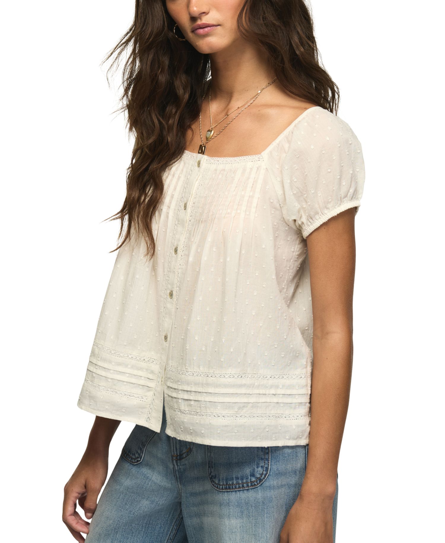 Women's Cap Sleeve Square Neck Lace Peasant Top
