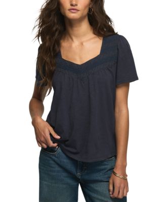 Women's Embroidered Yoke Square Neck Short-Sleeve T-Shirt