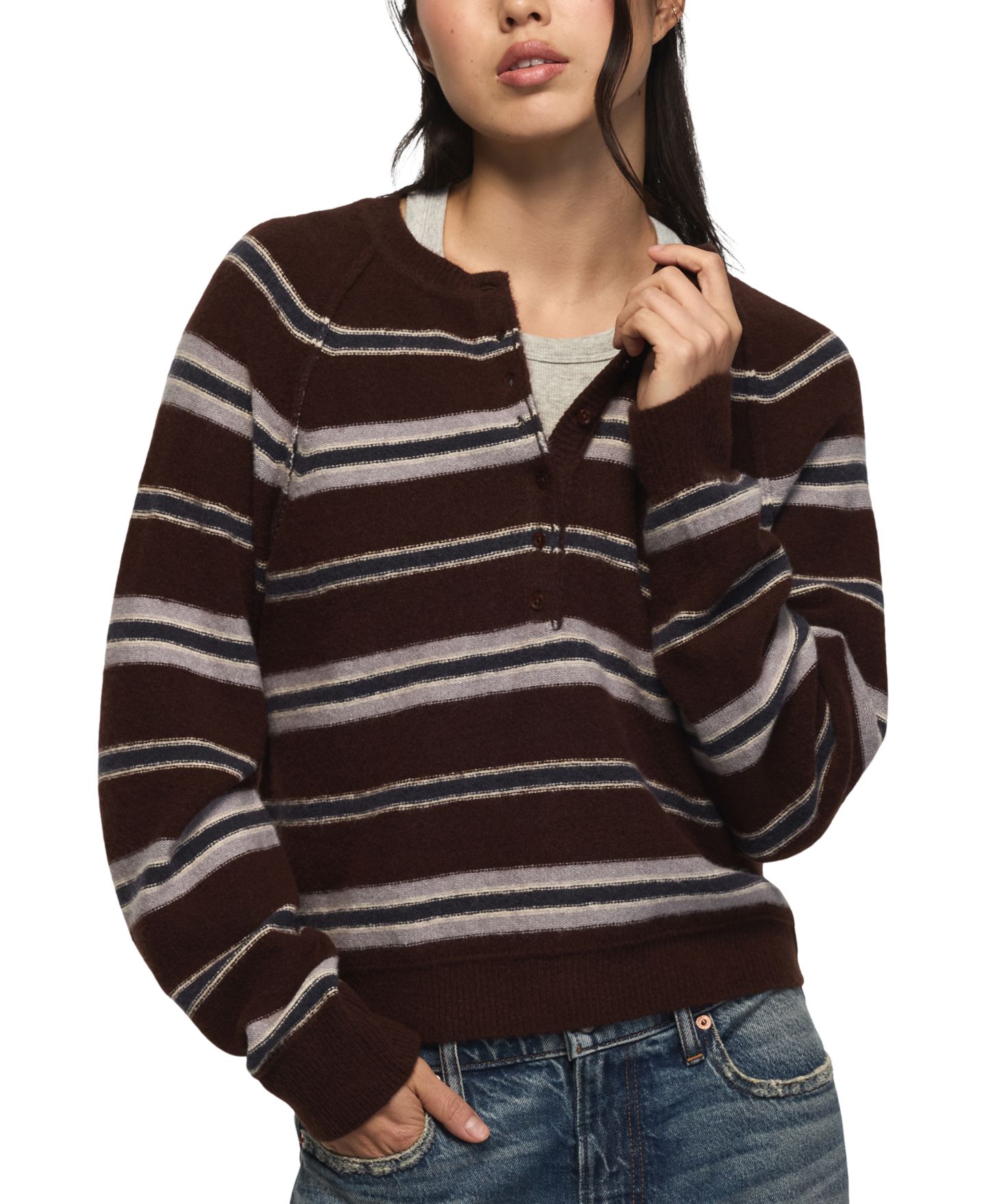 Женский свитер Lucky Brand Cloud Soft Striped Crewneck, цвет: Кофейный — фото 1