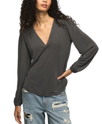 Women's Sandwash Long-Sleeve V-Neck Shirring Blouse
