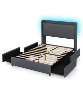 Full Queen Size Bed Frame with LED Lights and Charging Station Full Size