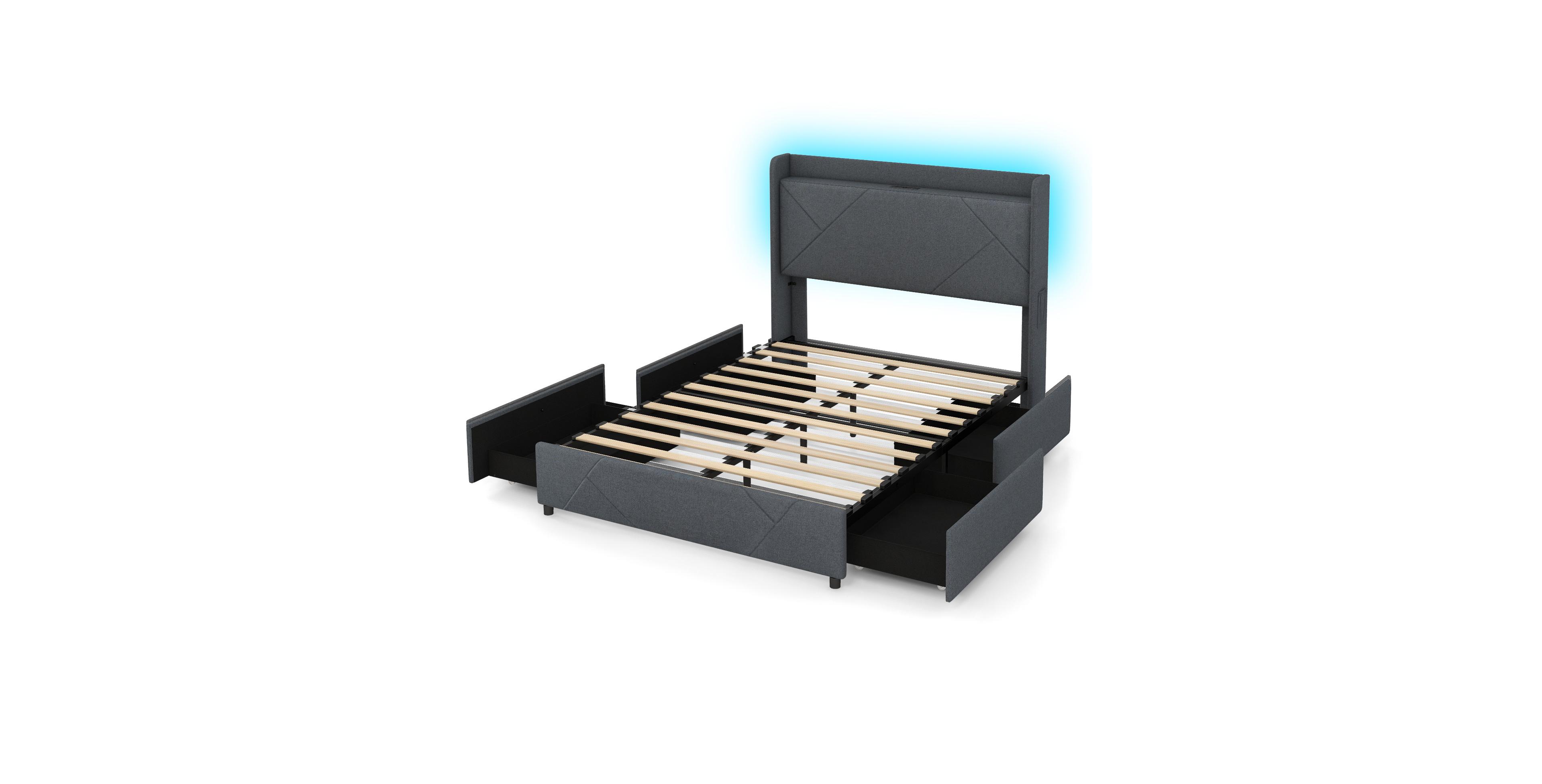 Mecale Full Queen Size Bed Frame with Led Lights and Charging Station Full Size