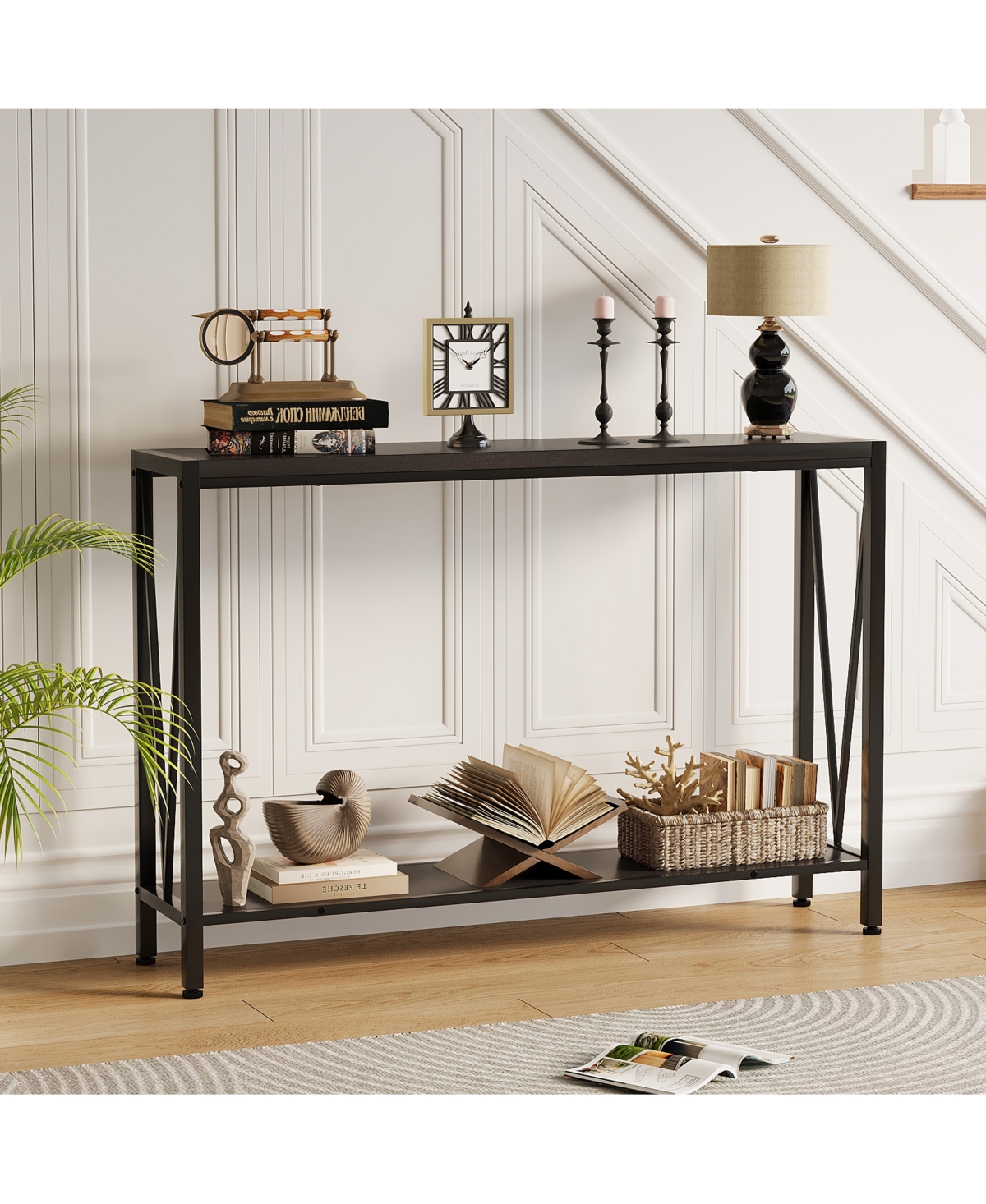 homfan 42.9" Narrow 2-Tier Console Table, Steel Frame Sofa Side Table for Entryway, Hallway, Living Room