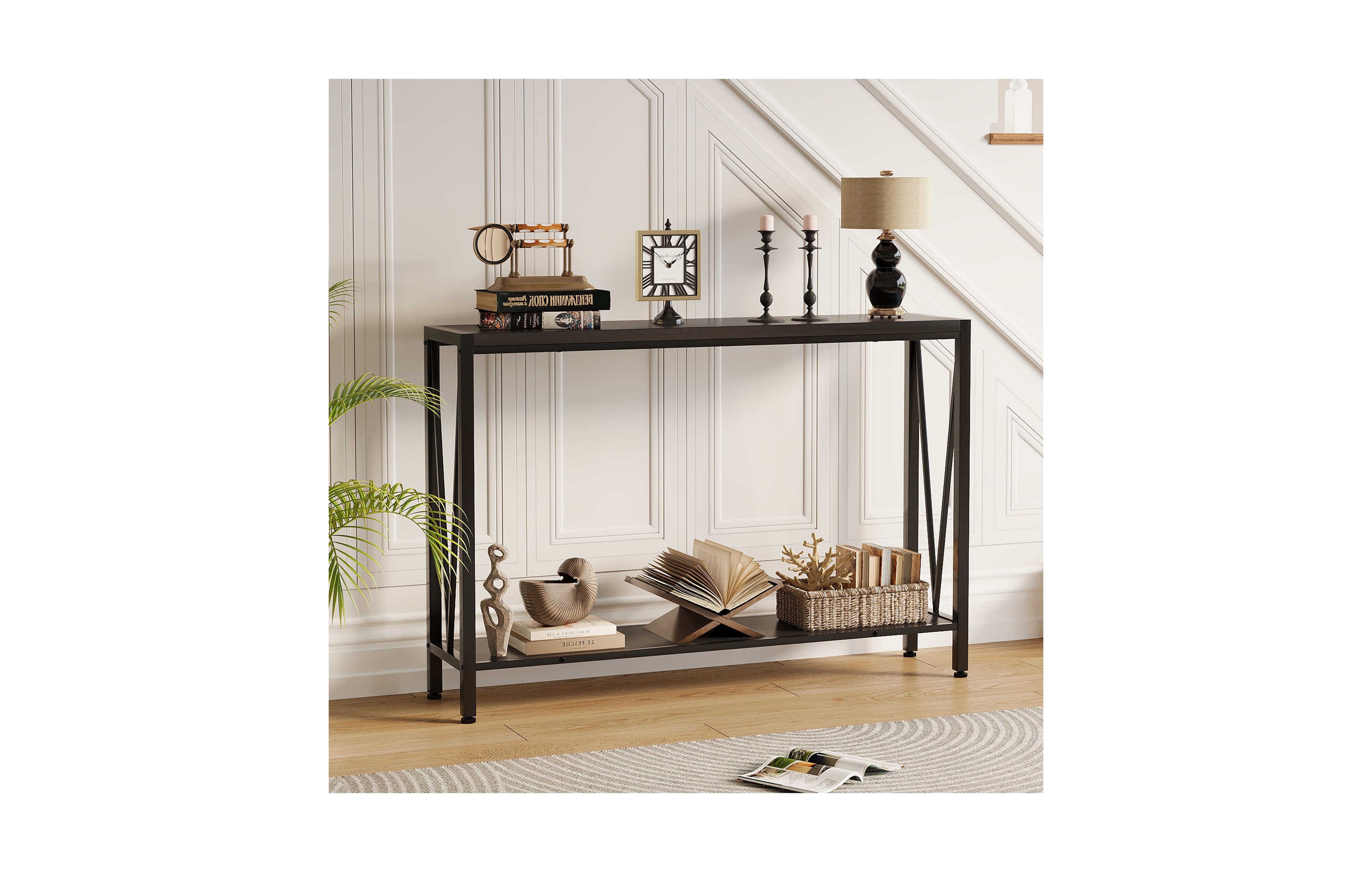 homfan 42.9" Narrow 2-Tier Console Table, Steel Frame Sofa Side Table for Entryway, Hallway, Living Room