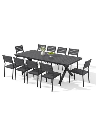 11-Piece Outdoor Patio Dining Set with 94-Inch Aluminum Table and 10 Stackable Dining Chairs, Umbrella Hole, Seating for 10