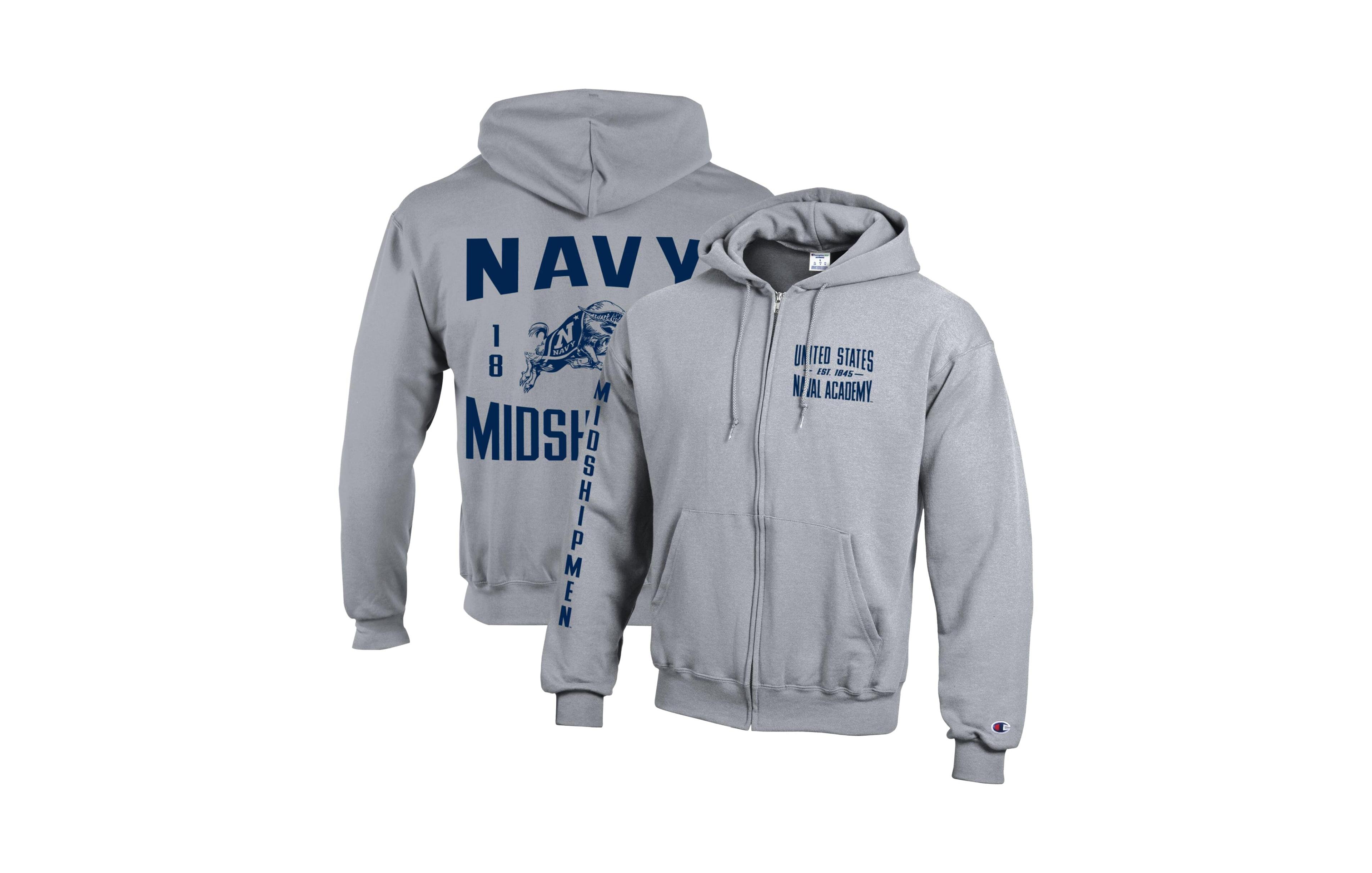 Champion Men's Heather Gray Navy Midshipmen Varsity Power Blend Full-Zip Fleece Hoodie